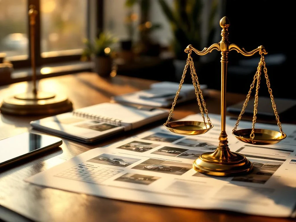 Brass scales of justice on lawyer's desk with open car accident case file and smartphone showing calendar deadlines