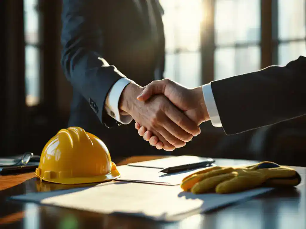 Professional lawyer in business suit extending handshake with construction worker's hard hat and legal documents on desk