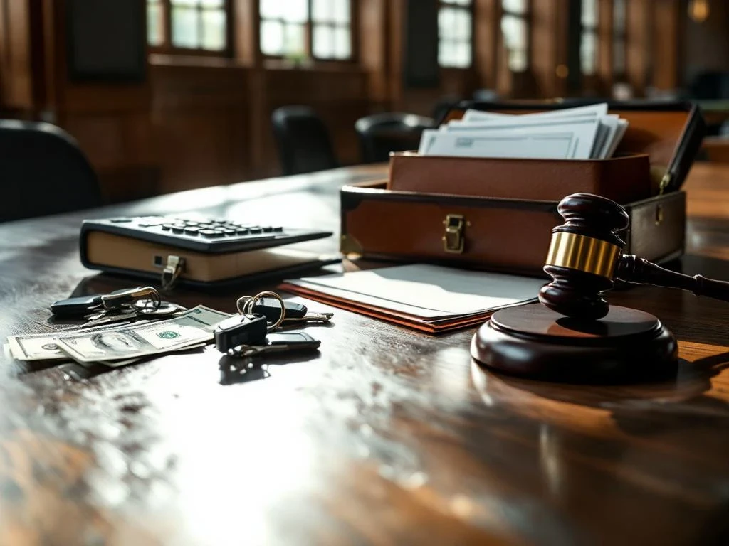 Modern courtroom desk with open leather briefcase containing legal documents, gavel, scattered dollar bills and car keys