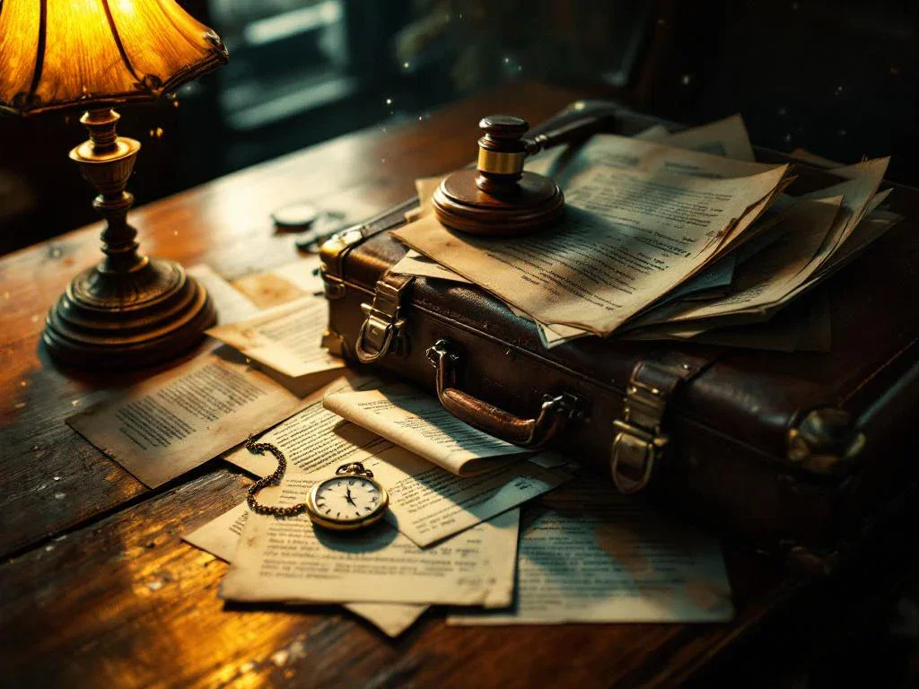 Open leather briefcase with legal documents and files on mahogany desk, brass pocket watch and gavel nearby under warm lamp light.