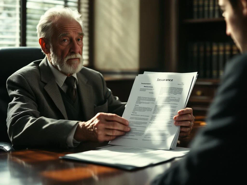 Elderly man's hands holding legal documents across desk from young adult in law office consultation