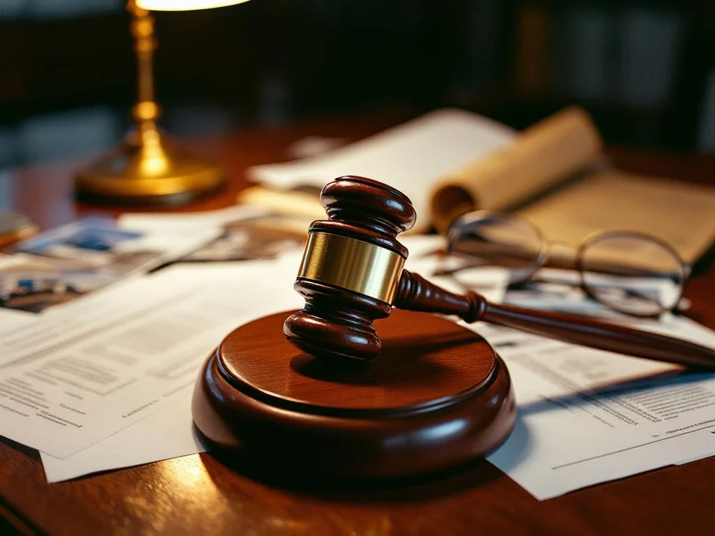 Gavel on mahogany desk with scattered legal documents, car accident photos, reading glasses, and evidence folders in law office
