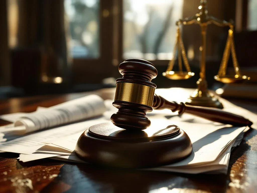 Weathered wooden gavel on legal documents next to car accident report with brass scales of justice in law office