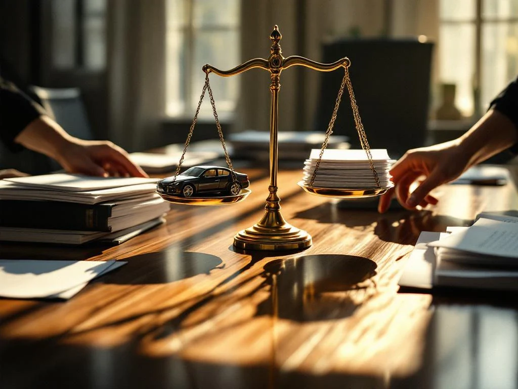 Brass scale of justice on mahogany conference table weighing toy car against legal settlement documents in sunlit law office.