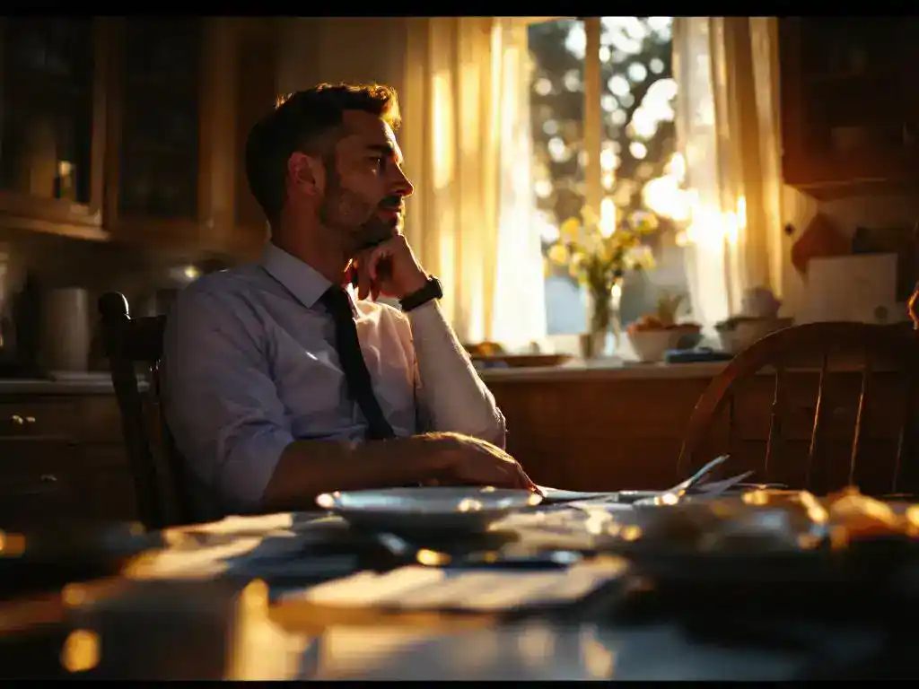 Person with leg cast at kitchen table reviewing medical bills and insurance paperwork while spouse offers comfort and support.