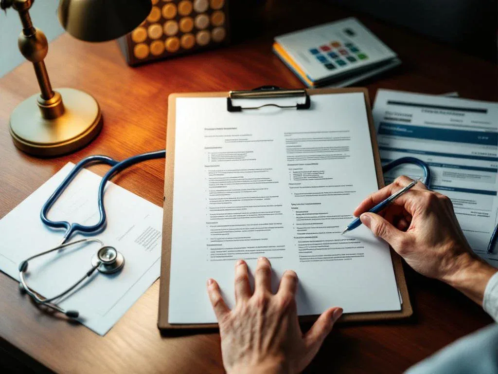 Medical clipboard with hospital discharge papers on desk next to stethoscope and insurance documents, hands reaching for papers