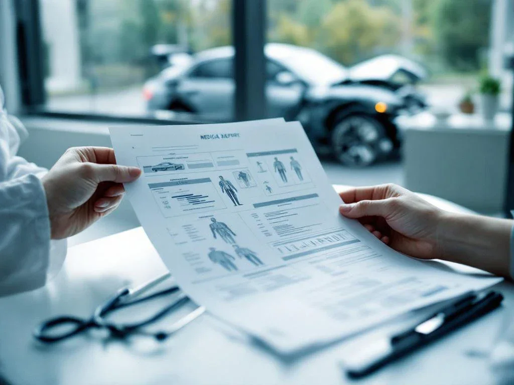 Medical professional holding injury report with anatomical diagrams on examination table, stethoscope nearby, damaged car visible through window.