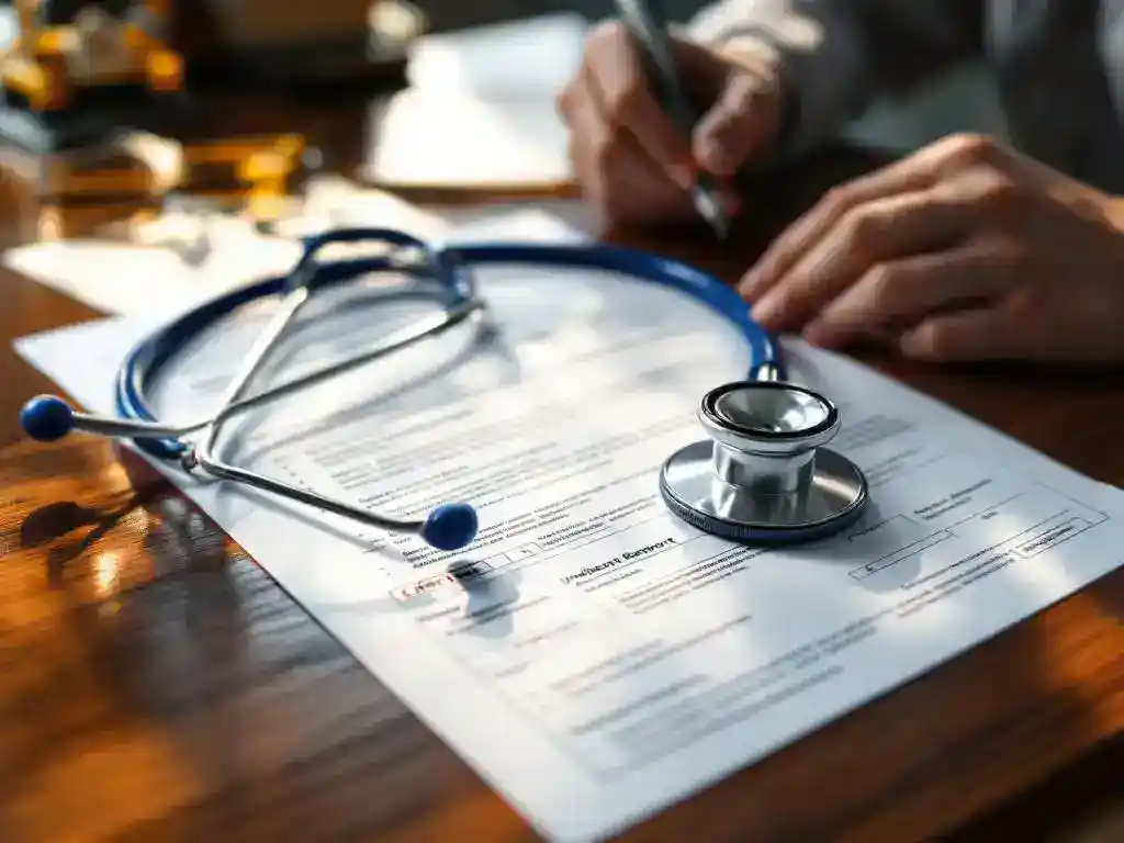 Stethoscope draped over incident report form on wooden desk with reading glasses and pen, medical workplace safety documentation