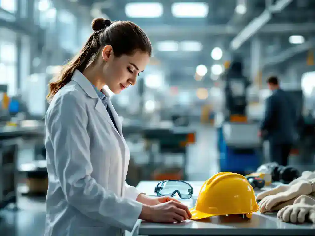 Occupational health specialist in white coat inspecting yellow hard hat and safety equipment on industrial workbench
