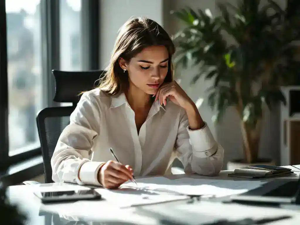 Professional office worker in business attire reviewing documents at desk while wearing wrist brace in modern office.