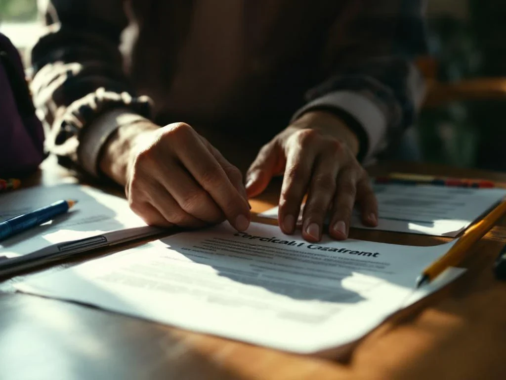 Parent's hands holding legal documents and medical papers on wooden table with child's backpack nearby in soft natural light.