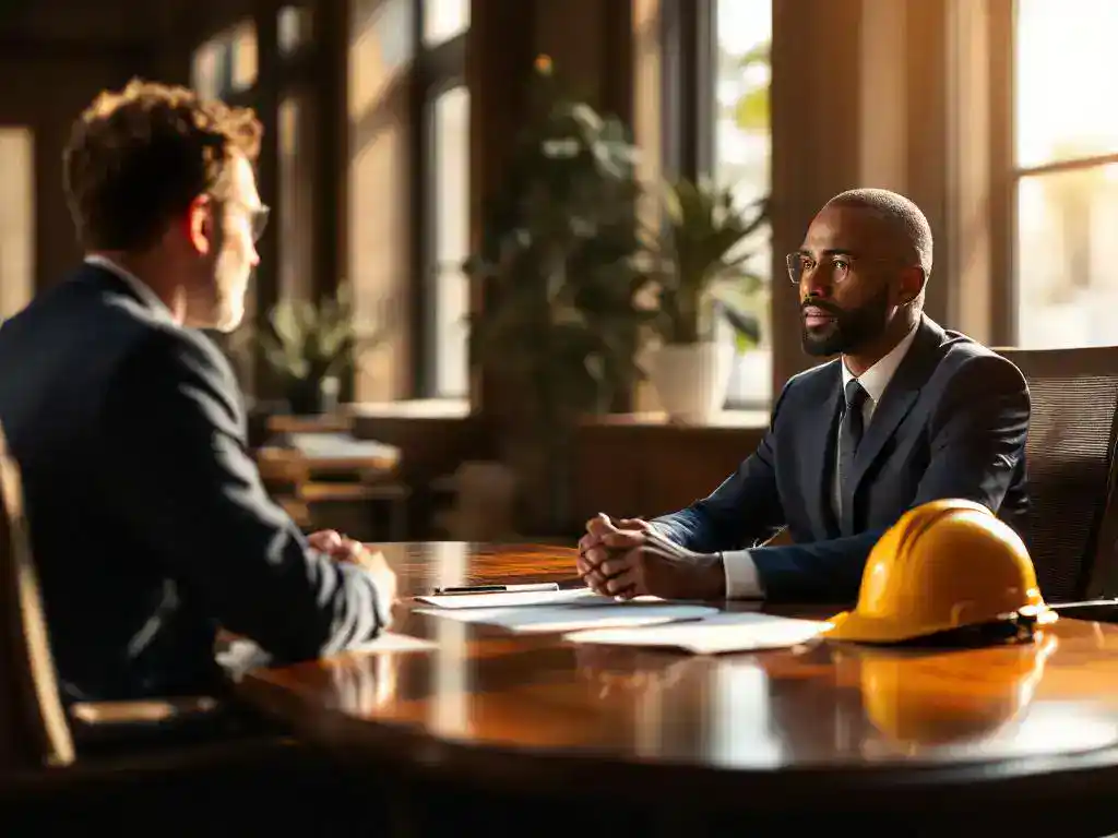 Lawyer in navy suit consulting with injured construction worker at conference table with legal documents and hard hat
