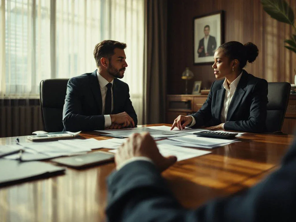 Client with hand cast consulting lawyer at desk with medical documents and financial calculators in professional office