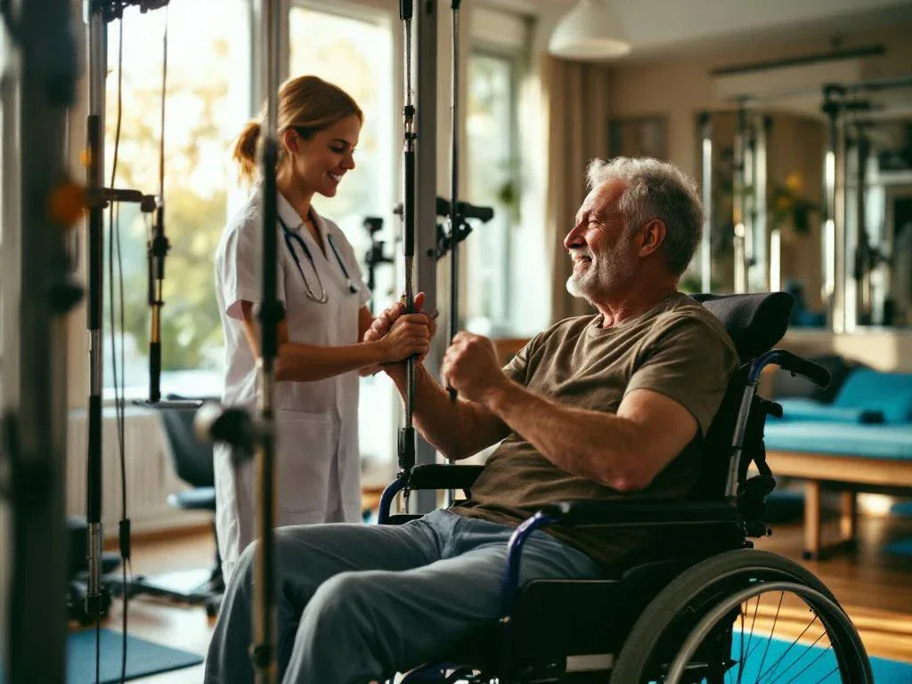 Person in wheelchair gripping parallel bars during physical therapy session with therapist providing guidance in bright rehabilitation facility.