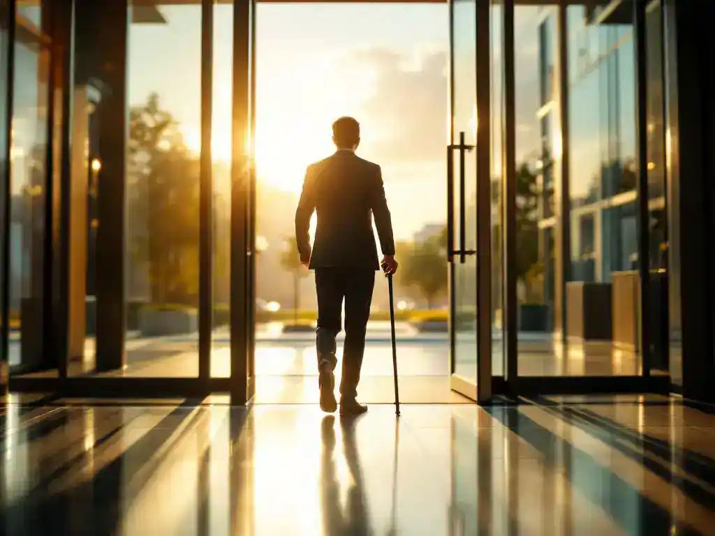 Professional with walking cane reaching for glass door handle at modern office building entrance in golden sunlight.