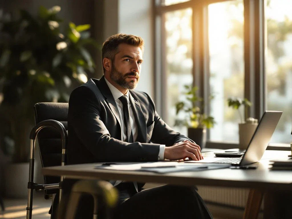 Professional office worker with determined expression at modern desk with laptop, walking cane beside chair, sunlight streaming through windows.