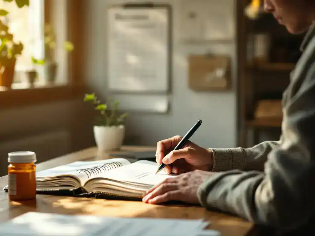 Person writing in recovery journal at wooden desk with medical documents, prescription bottle, and calendar showing marked days in background.