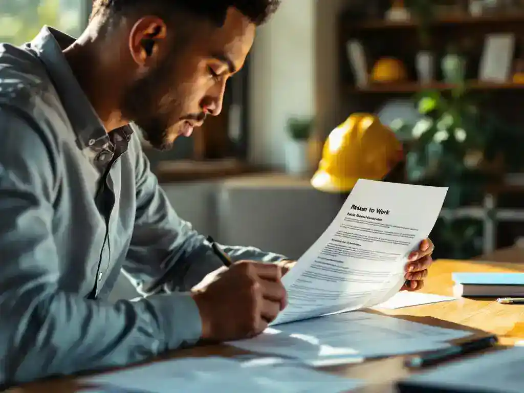 Professional office worker in business attire reviewing return-to-work document at wooden desk with safety equipment nearby.