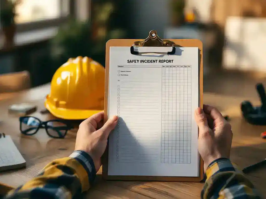 Construction worker holding safety incident report clipboard with yellow hard hat and safety glasses on wooden table