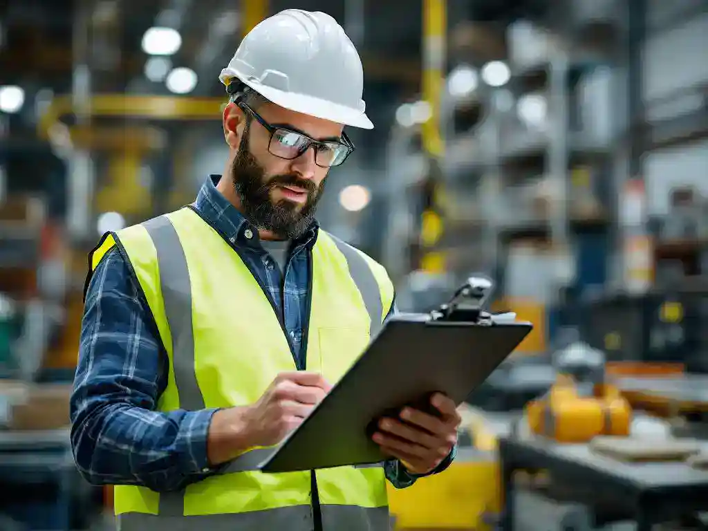 Safety supervisor in white hard hat and high-visibility vest reviewing checklist in organized industrial workspace