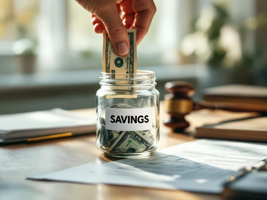 Hand placing dollar bill into glass savings jar on desk with legal documents and car accident report nearby