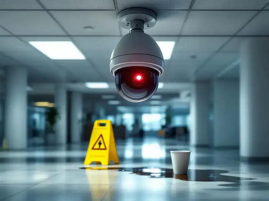 Security camera with red recording light mounted on office ceiling above workplace accident scene with wet floor sign and spilled coffee