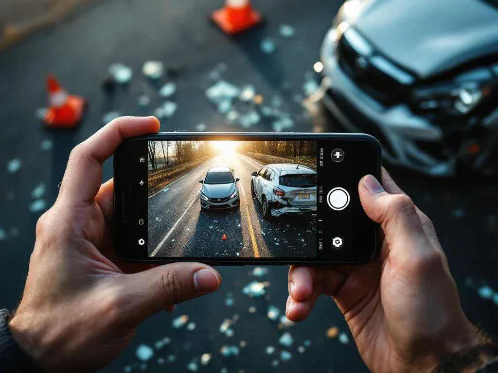 Person using smartphone to document car accident scene with damaged vehicles and safety triangles on asphalt road