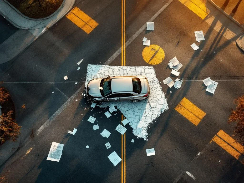 Damaged car at state line intersection with scattered legal documents, overhead view showing jurisdictional boundary markers in road