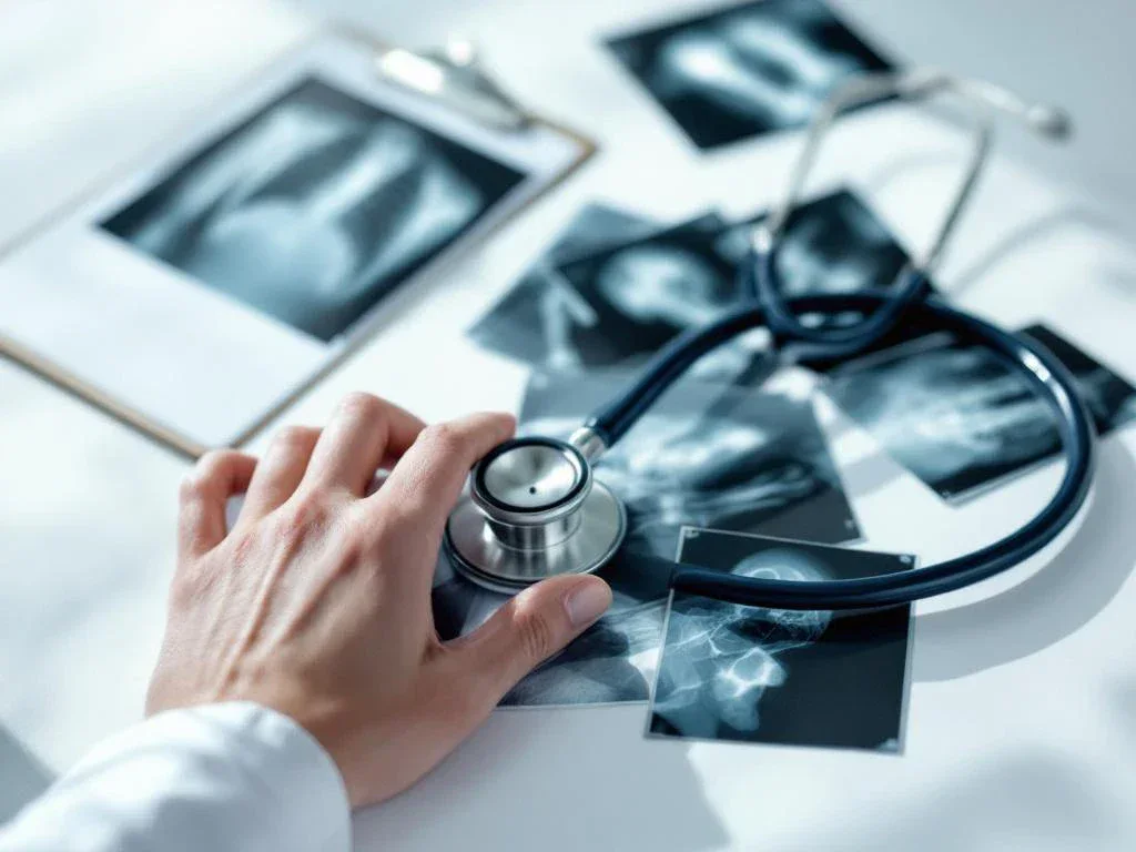 Stethoscope on medical examination table with X-ray films showing bone fractures and doctor's hand nearby