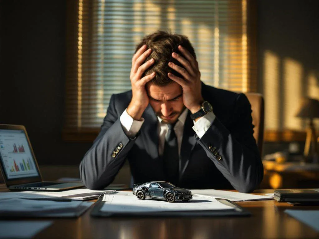 Stressed businessman in suit holding head in hands at office desk with damaged toy car and scattered documents