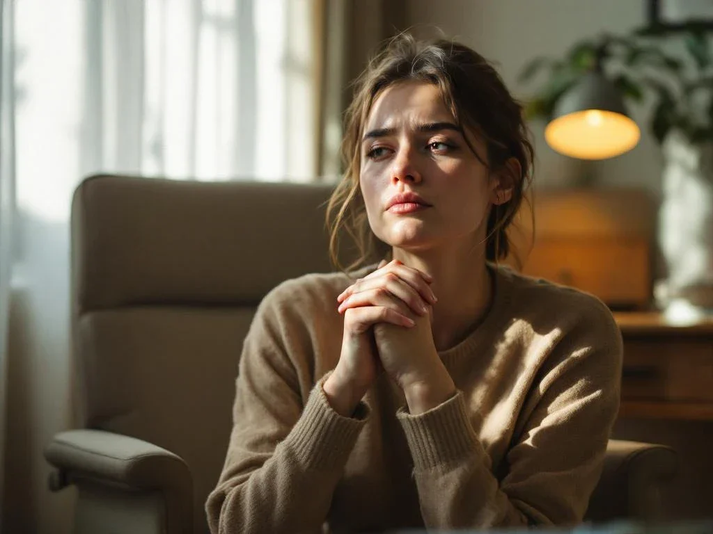 Person sitting thoughtfully in therapist's office with clasped hands, soft natural lighting through curtains creating calm atmosphere.
