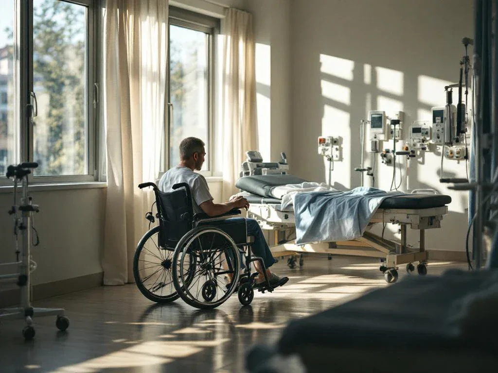 Person in wheelchair beside physical therapy table in clinical rehabilitation room with medical walking aids and natural lighting.