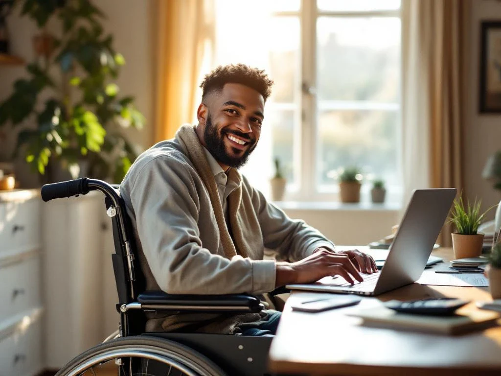 Person in wheelchair working confidently at organized home office desk with laptop, financial documents, and calculator