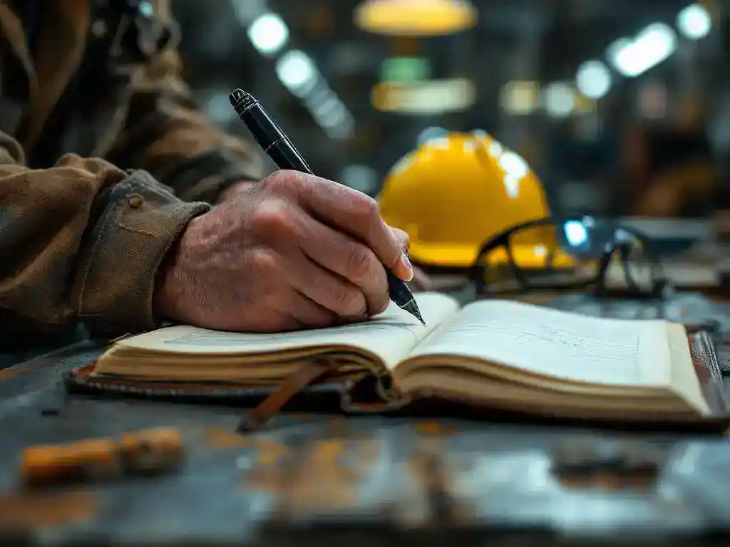 Worker's hand writing in open leather logbook on metal workbench with hard hat and safety glasses in industrial workshop