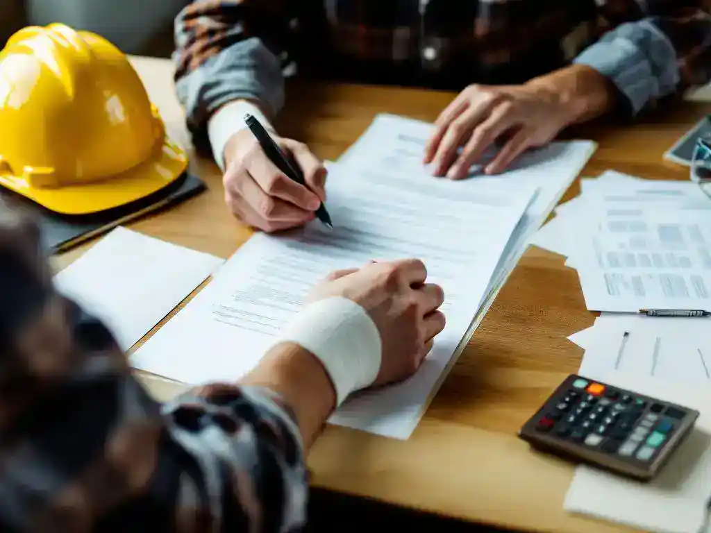 Business owner with bandaged hand completing incident report form at desk with safety equipment and insurance documents