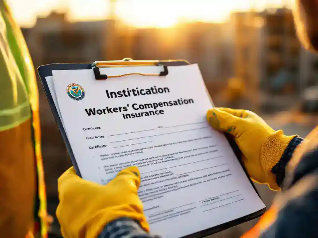 Construction worker in yellow safety gloves examining workers' compensation insurance certificate on clipboard at job site.