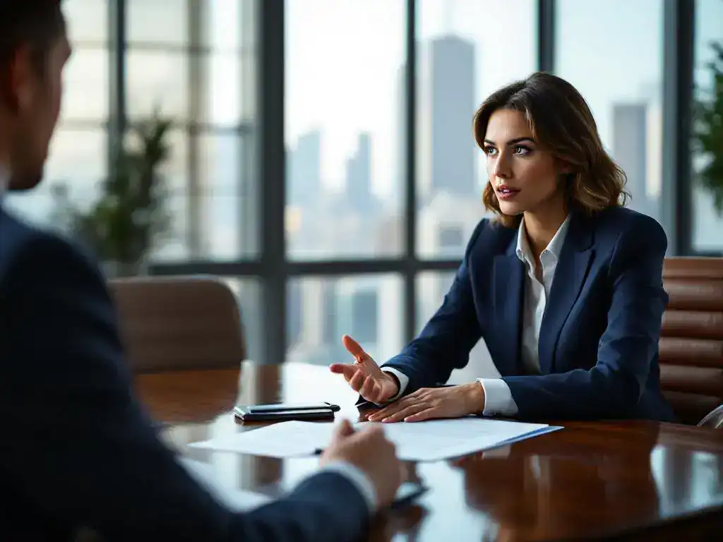 Professional businesswoman in navy suit negotiating workers' compensation claim with corporate representative at conference table
