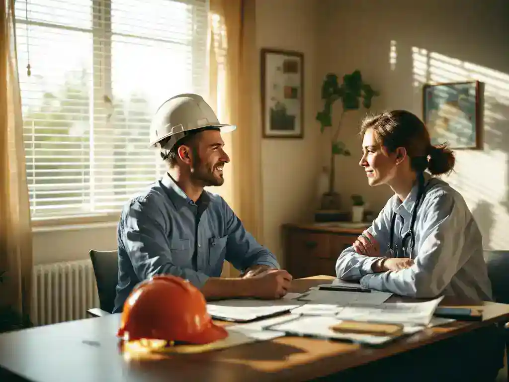 Injured worker consulting with therapist in office, medical paperwork and hard hat on desk, warm sunlight streaming through blinds.
