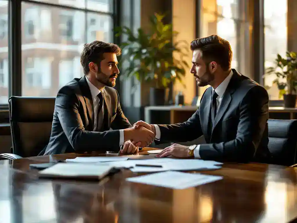 Office worker meeting with lawyer in modern law office, shaking hands over workplace accident documents on wooden desk