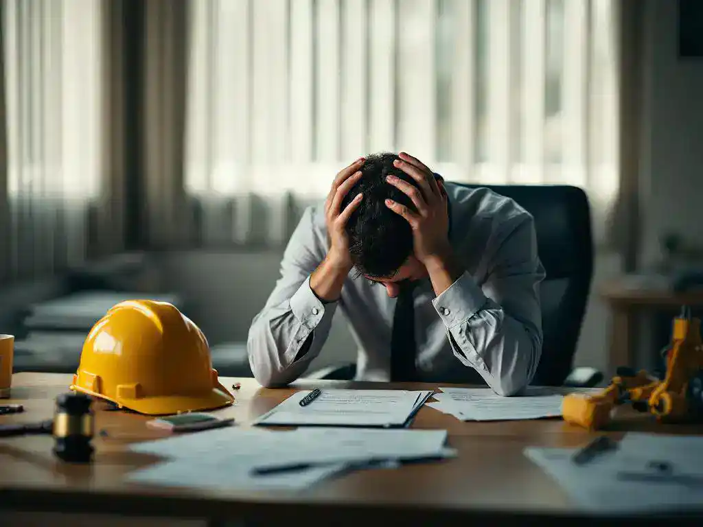 Stressed office worker with head in hands at desk covered with incident reports and legal documents, hard hat nearby.