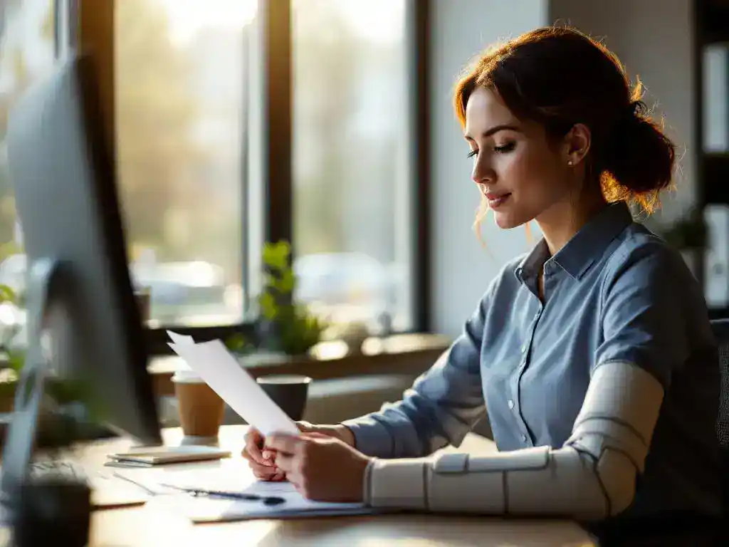 Professional office worker in business attire wearing arm brace reviews workplace accommodation documents at modern desk