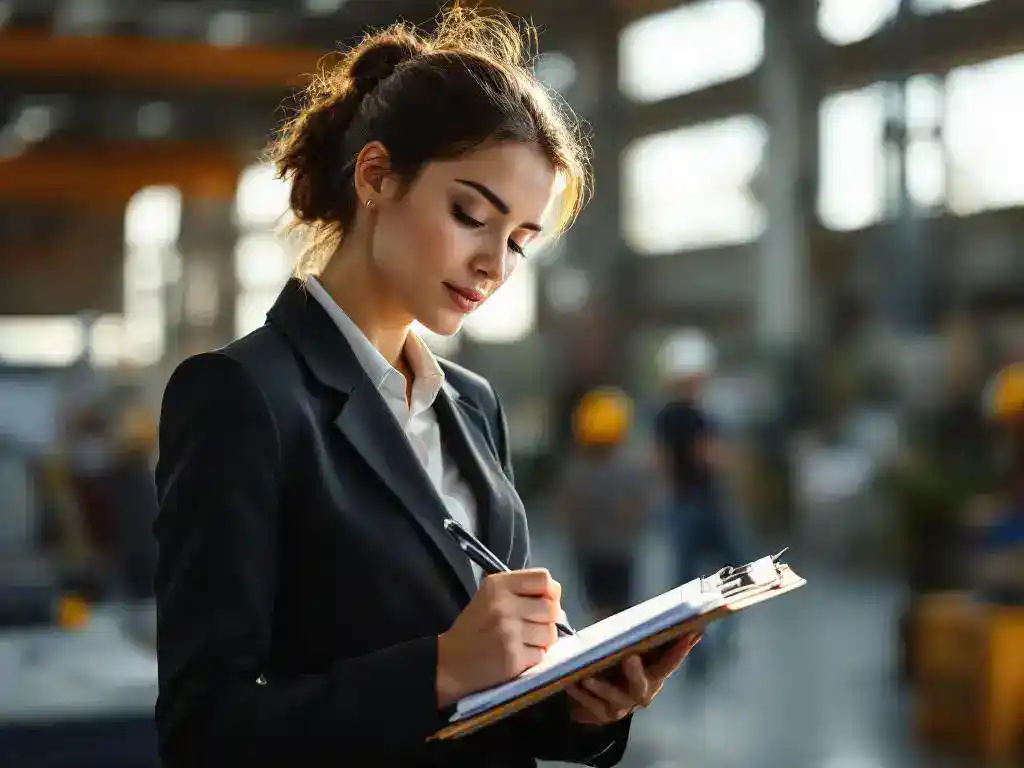 Professional woman in business suit taking detailed notes on clipboard while observing workplace, modern office background