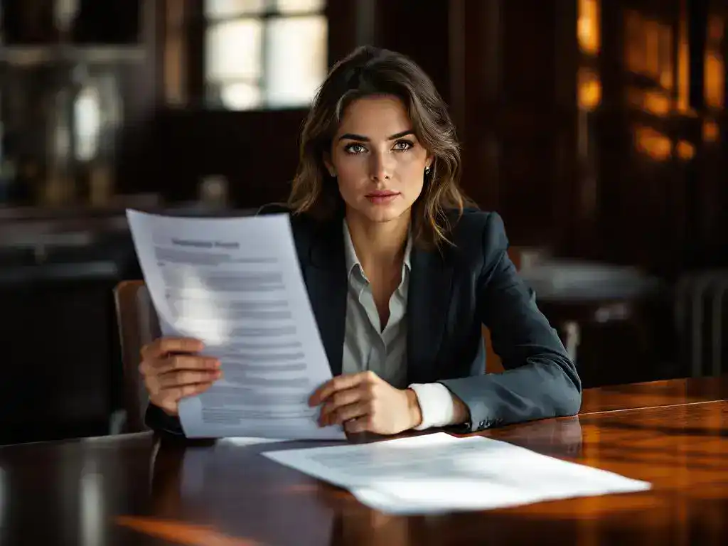 Professional businesswoman with wrist bandage reviewing workplace incident report and insurance documents at conference table