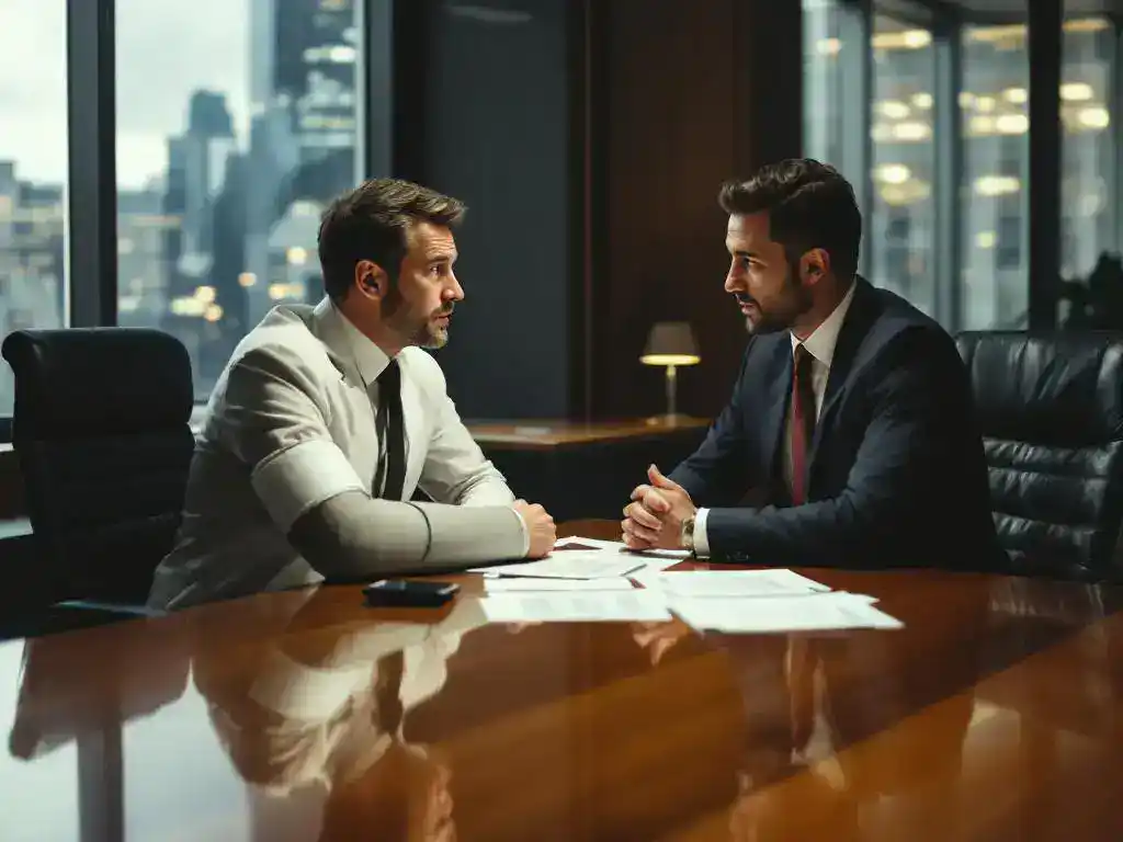 Injured office worker in sling discussing workplace incident report with supervisor at conference table in corporate office.