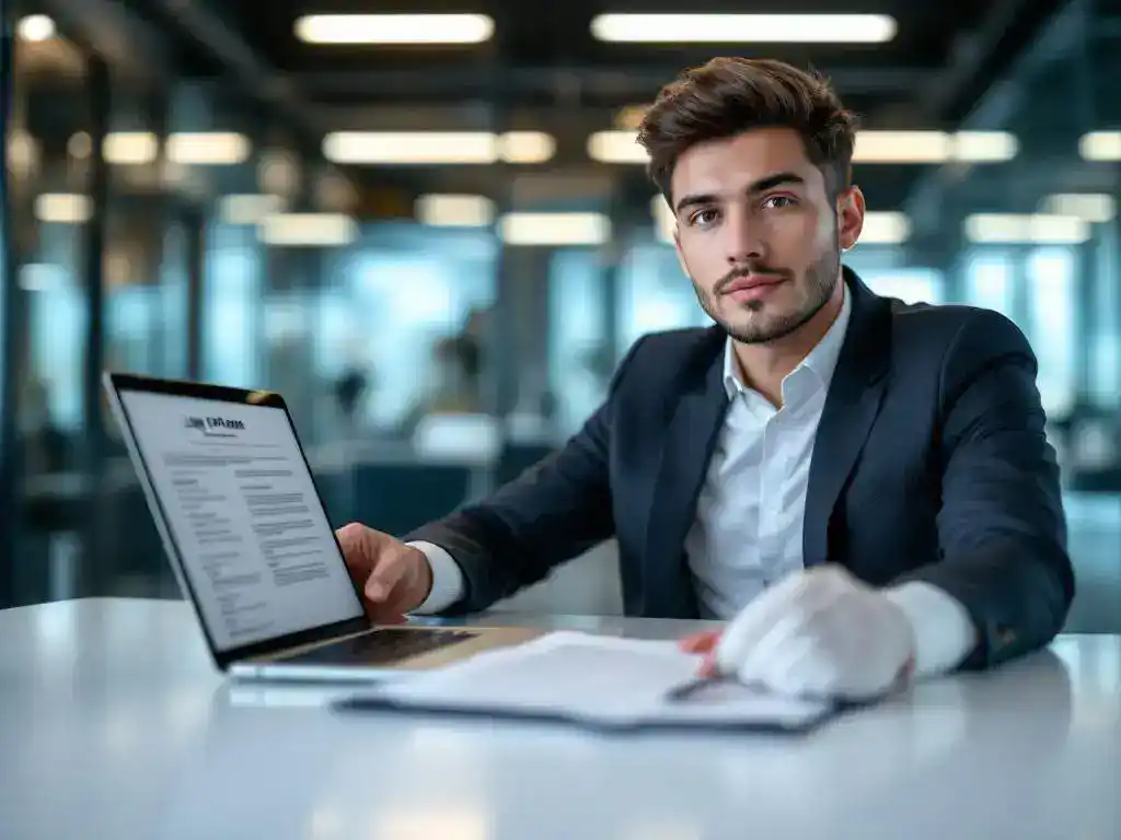 Young professional with bandaged wrist holding workplace documents at office desk with laptop displaying legal forms