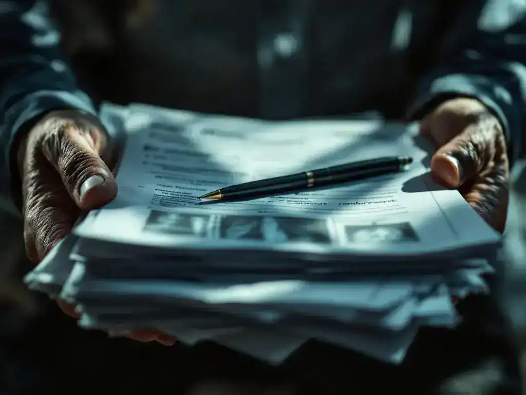Weathered hands holding medical documents and X-rays with workplace injury report form on top, pen beside papers