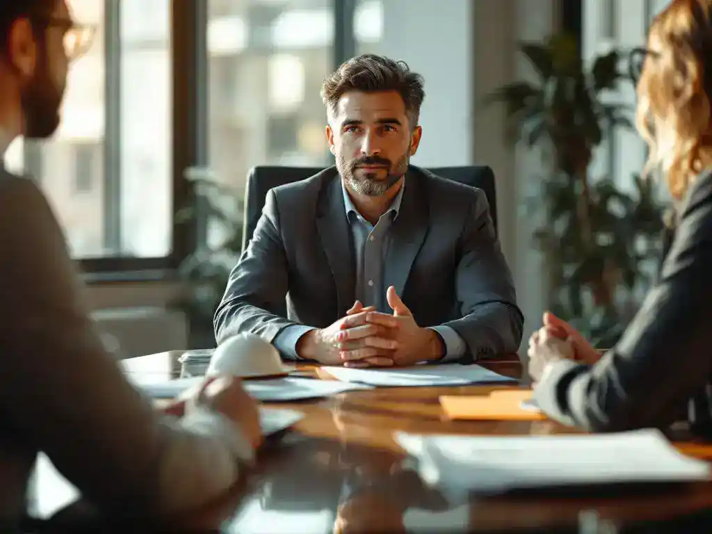 Professional mediator facilitating workplace dispute resolution meeting between two business people at conference table.