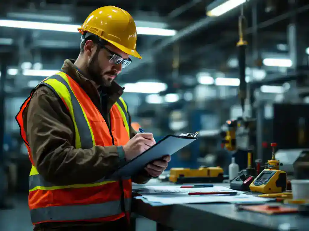 Professional safety inspector in high-visibility vest writing notes on clipboard while examining industrial equipment