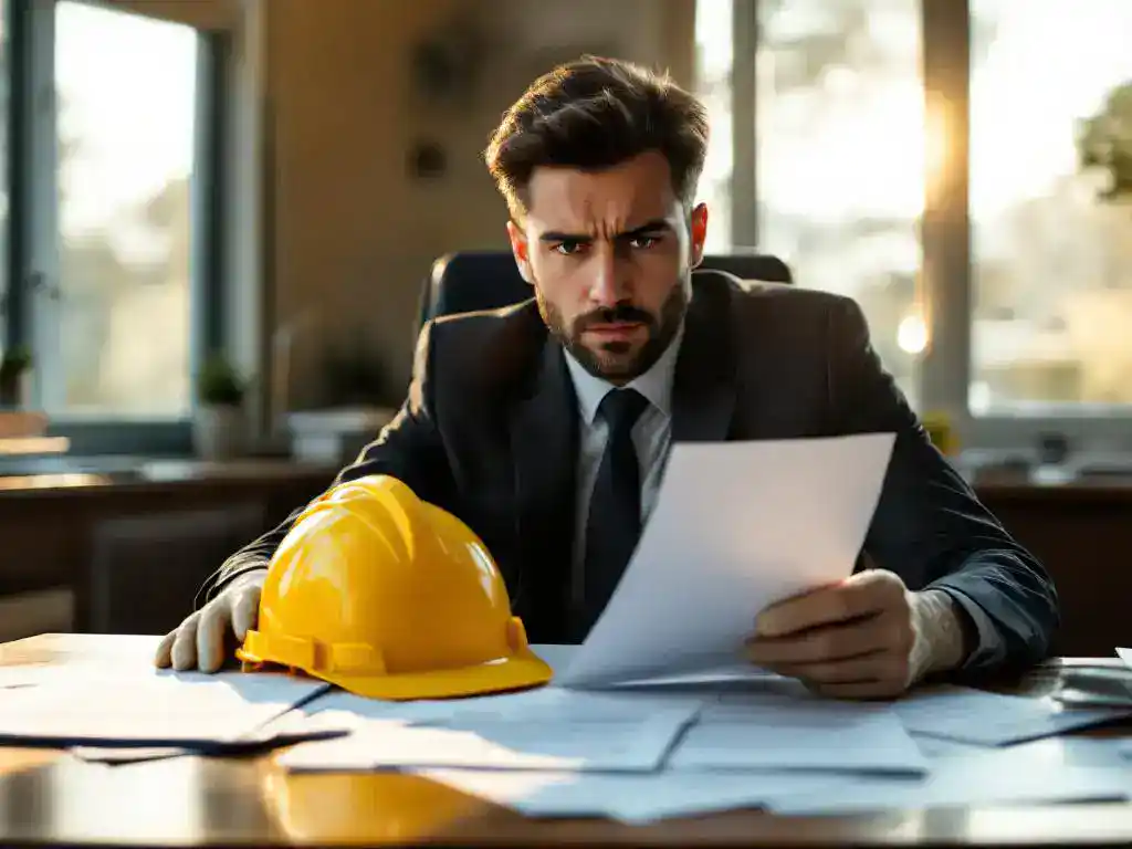 Office worker in business attire holding termination letter at desk with yellow hard hat, safety gloves, and incident reports