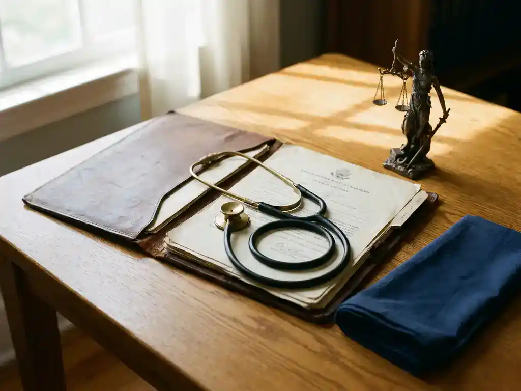Worn leather legal folder open on an oak desk with a stethoscope resting across official documents and a small scale of justice figurine nearby.